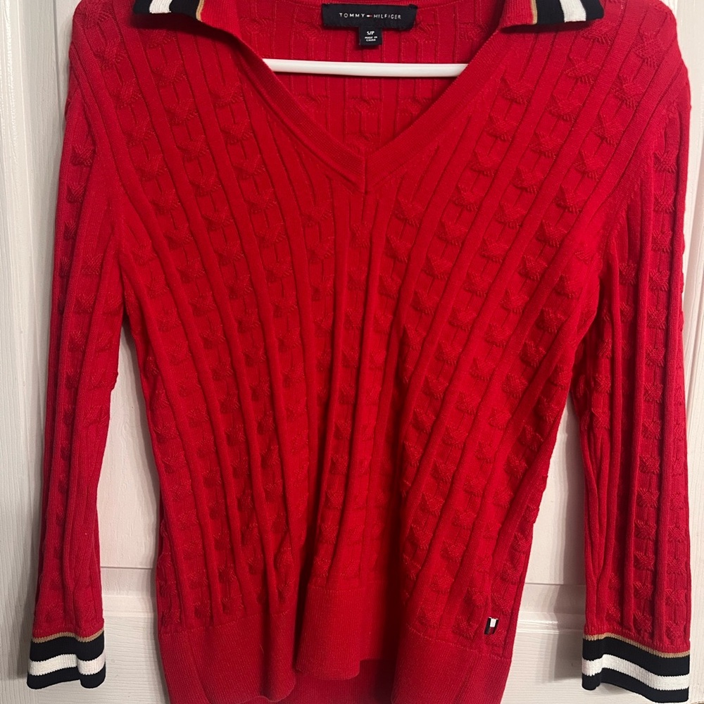 Tommy Hilfiger Red V-Neck Cable Sweater